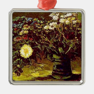 Ornement Carré Argenté Peinture vintage de fleurs de fleurs de vase à Van