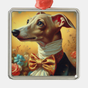 Ornement Carré Argenté Peinture vintage italienne Greyhound Dog