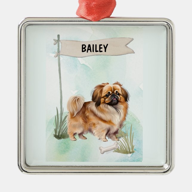 Ornement Carré Argenté Pekinese Watercolor Personalized Dog (Devant)
