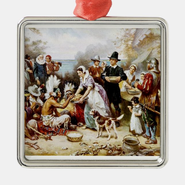 Ornement Carré Argenté Pèlerin de thanksgiving/ornement indien (Devant)