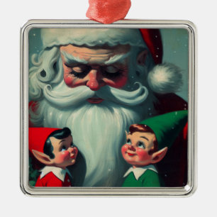 Ornement Carré Argenté Père Noël avec Elves Retro Noël Vintage