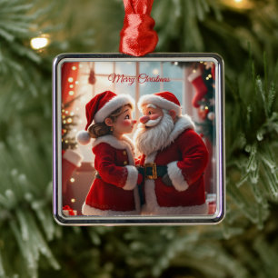 Ornement Carré Argenté Père Noël et Mme Claus célèbrent Noël, amusant 