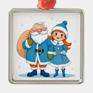 Ornement Carré Argenté Père Noël souriant et jeune fille des neiges