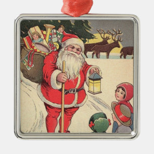 Ornement Carré Argenté Père Noël vintage