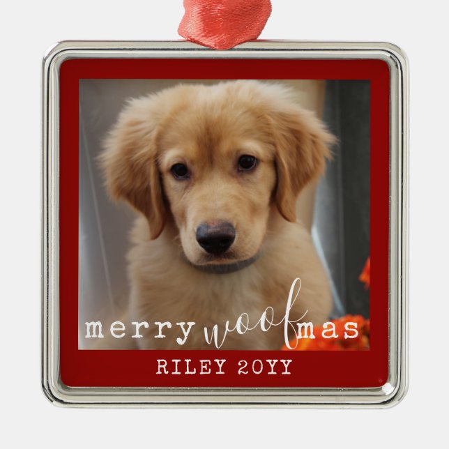 Ornement Carré Argenté Personalized Dog Photo Merry WoofMas Rustic Red (Devant)