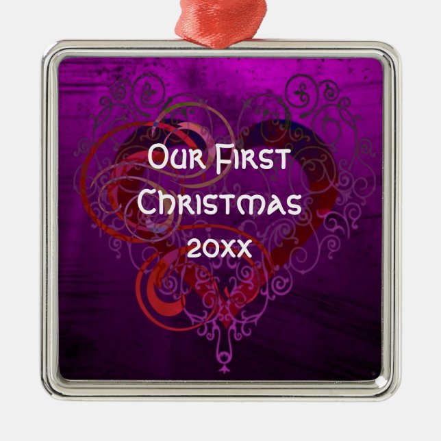 Ornement Carré Argenté Personalized Our First Christmas Square Ornament (Devant)
