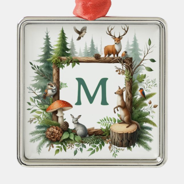 Ornement Carré Argenté Personalized Woodland Monogram Christmas Ornament (Devant)