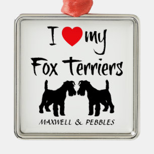Ornement Carré Argenté Personnalisé J'Aime Mes Terriers Fox