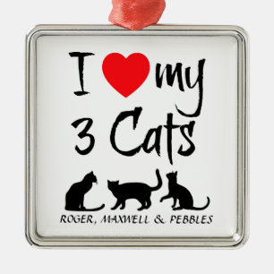 Ornement Carré Argenté Personnalisé J'Aime Mes Trois Chats