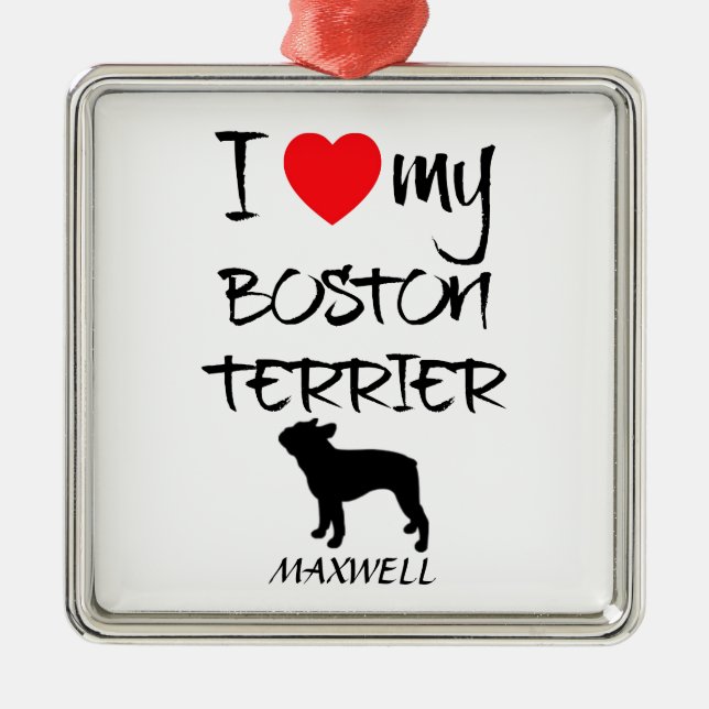 Ornement Carré Argenté Personnalisé J'Aime Mon Boston Terrier (Devant)