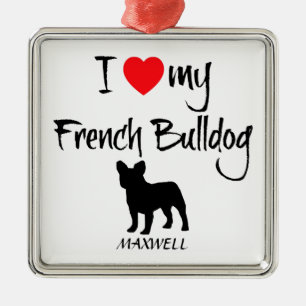Ornement Carré Argenté Personnalisé J'Aime Mon Chien À Balles Français