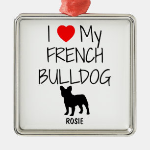 Ornement Carré Argenté Personnalisé J'Aime Mon Chien À Balles Français