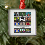 Ornement Carré Argenté Personnalisé père fier de la diplômée 11 photo col<br><div class="desc">Personnalisé père fier du collage photo casquette diplômé. Personnalisez ce drôle de modèle de design de diplôme avec vos 11 photos et nom pour diplômé. C'est un cadeau photo parfait pour les membres de la famille et les amis pour féliciter le succès scolaire d'un membre de la famille.</div>