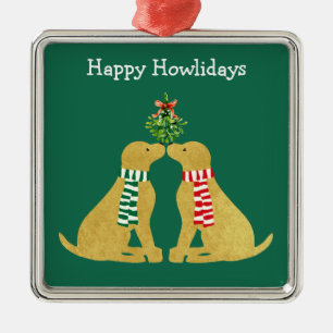 Ornement Carré Argenté Personnalisé Xmas Golden Retrievers Kissing Mistle