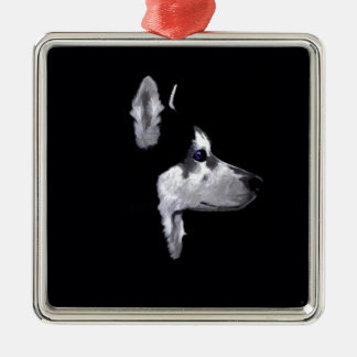 Ornement Carré Argenté Personnaliser enrouée d'Alaska de profil de chien