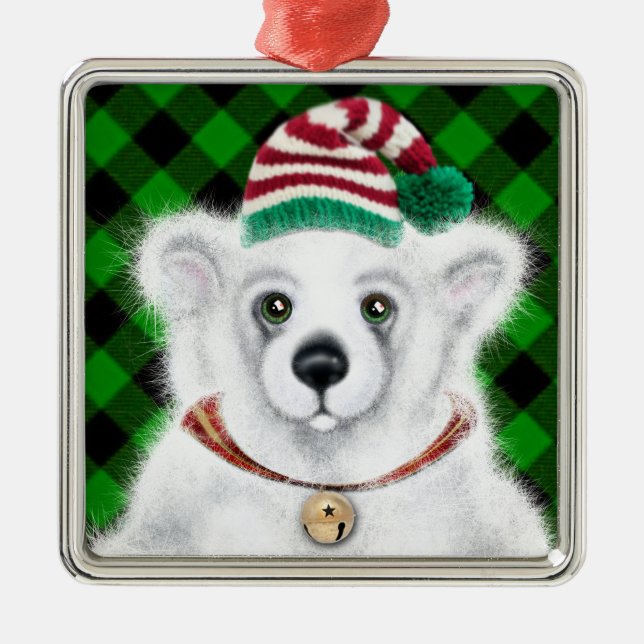 Ornement Carré Argenté Petit bébé ours polaire de Noël, petit ours de Pèr (Devant)