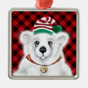 Ornement Carré Argenté Petit bébé ours polaire de Noël, petit ours de Pèr