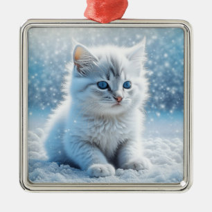 Ornement Carré Argenté Petit chaton blanc dans Noël de neige
