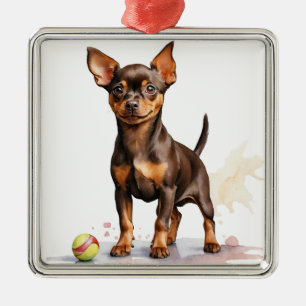 ORNEMENT CARRÉ ARGENTÉ PETIT CHIEN MINIATURE PINSCHER BROWN