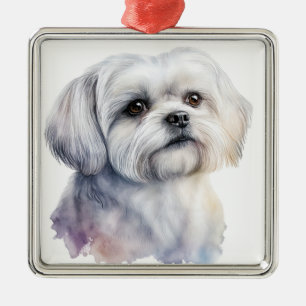 ORNEMENT CARRÉ ARGENTÉ PETIT CHIEN PETIT ET BLANC ADORABLE