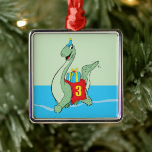 Ornement Carré Argenté Petit garçon, 3e anniversaire Dinosaur