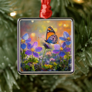 Ornement Carré Argenté Petit papillon sur des fleurs sauvages au lever du