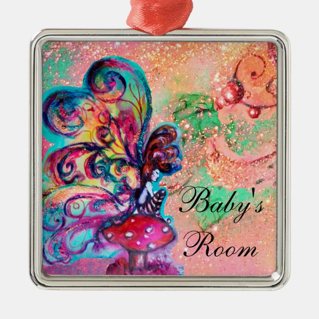 ORNEMENT CARRÉ ARGENTÉ PETITE ELF DE CHAMPIGNONS AFFICHETTE DE PORTE (Devant)