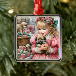 Ornement Carré Argenté Petite fille Vintage en rose avec des chiots Noël