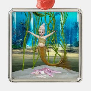 Ornement Carré Argenté Petite Sirène Fantaisie Fille, Océan Bleu