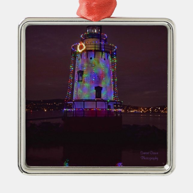 Ornement Carré Argenté Phare à Noël (Devant)