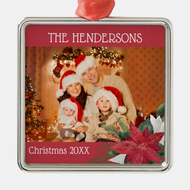 Ornement Carré Argenté Photo Christmas Poinsettia (Devant)