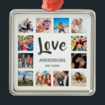 Ornement Carré Argenté Photo Custom Family Collage Personnalité de White<br><div class="desc">Créez votre propre collage photo personnalisé 12, ornement de Noël avec vos images personnalisées sur un simple arrière - plan blanc moderne. Le visage des fêtes de Noël comporte également votre nom de famille, année établie et un script manuscrit "Amour". Ajoutez vos photos, designs ou oeuvres d'art préférés pour créer...</div>