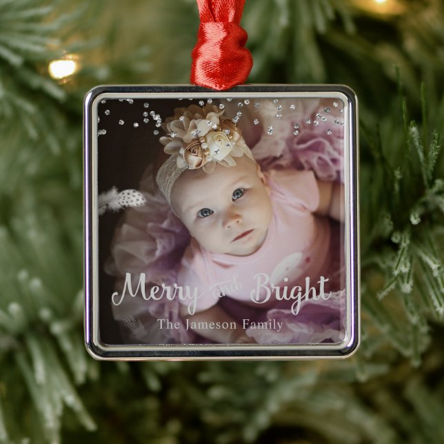 Ornement Carré Argenté Photo Customized Christmas Silver Dots Frame (Arbre)