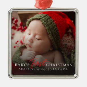 Ornement Carré Argenté Photo de bébé Premier Noël Naissance Statistiques
