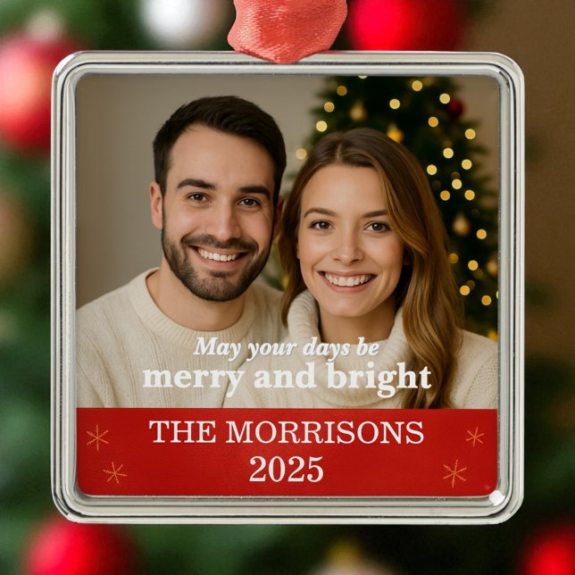 Ornement Carré Argenté Photo de famille Flèche de neige moderne rouge et  (Créateur téléchargé)