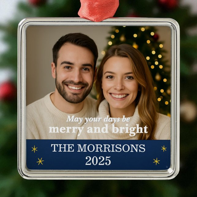 Ornement Carré Argenté Photo de famille Marine Blue and Gold Snowflake (Créateur téléchargé)