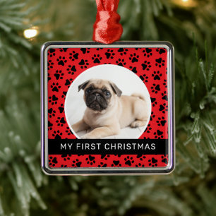 Ornement Carré Argenté Photo de Noël de chiot avec empreinte de patte rou