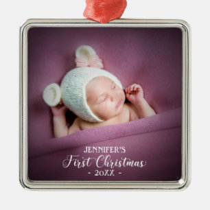 Ornement Carré Argenté Photo du premier Noël de bébé