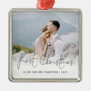 Ornement Carré Argenté Photo First Christmas Mr Mrs Name Year