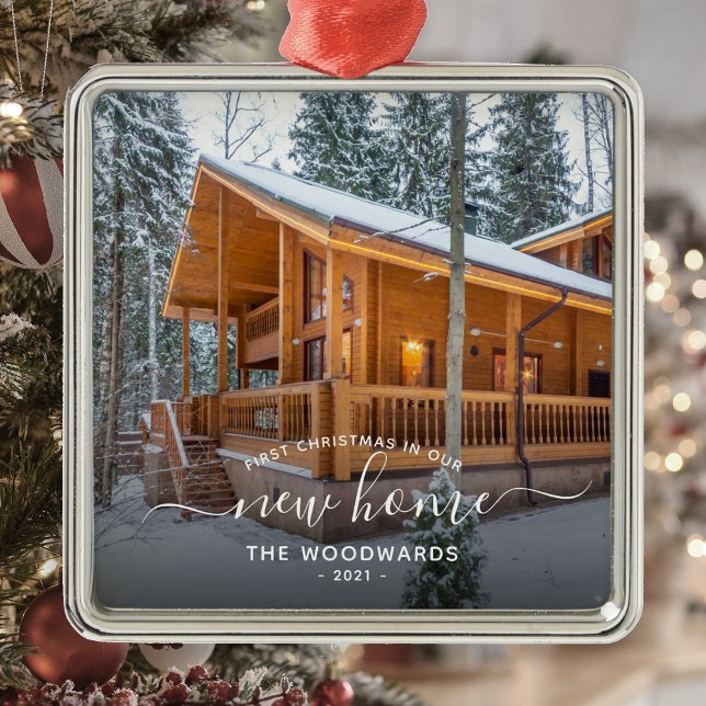 Ornement Carré Argenté Photo First Christmas Nouveau Home White Script (Créateur téléchargé)