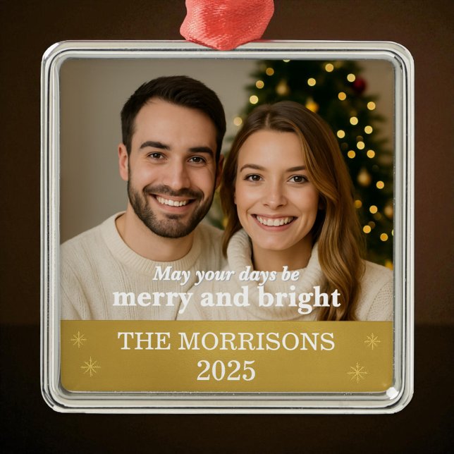 Ornement Carré Argenté Photo moderne Gold Foil Famille de snowflacon (Créateur téléchargé)