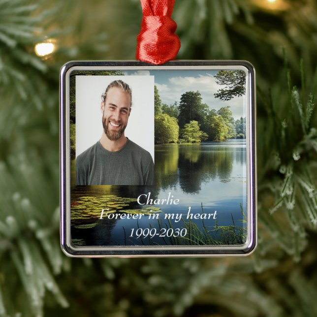 Ornement Carré Argenté Photo personnalisée Garde-mémoire pour toujours da (Arbre)