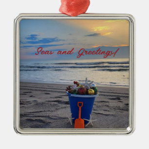 Ornement Carré Argenté Photographie Sunrise plage de Noël Ornament