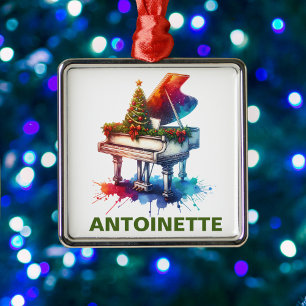 Ornement Carré Argenté Piano à queue de Noël Nom personnalisé