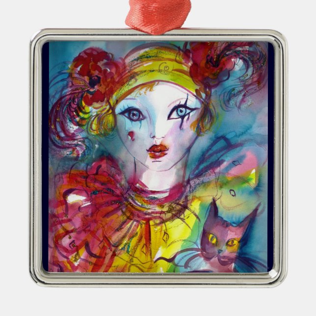 Ornement Carré Argenté PIERROT AVEC CHAT / Mascarade vénitienne Mascarade (Devant)