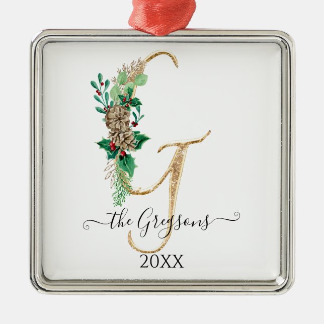 Ornement Carré Argenté Pine Cone Holly Noël Parties scintillant or Monogr (Devant)