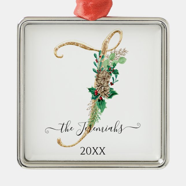 Ornement Carré Argenté Pine Cone Monogramme J Gold Parties scintillant Ho (Devant)