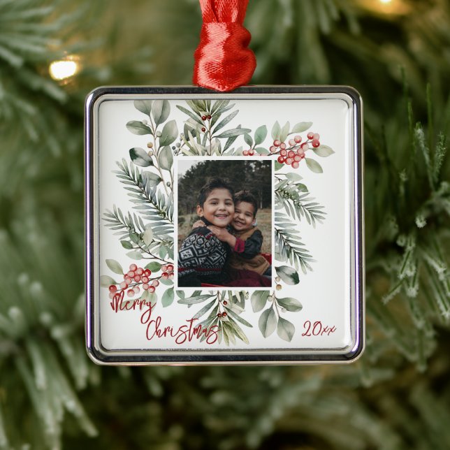 Ornement Carré Argenté Pine Greenery Holly Photo Joyeux Noël (Arbre)