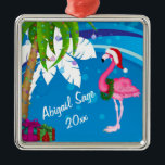 Ornement Carré Argenté Pink Père Noël Flamant rose de plage personnalisé<br><div class="desc">Cet ornement tropical d'arbres de Noël arbore des palmiers ornés de lumières de Noël et un flamant rose portant un chapeau de Père Noël dressé contre un arrière - plan de plage abstrait bleu et blanc cool. Il peut être personnalisé avec un nom, une année ou tout texte que vous...</div>
