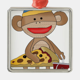 Ornement Carré Argenté Pizza de singe de chaussette et une soude